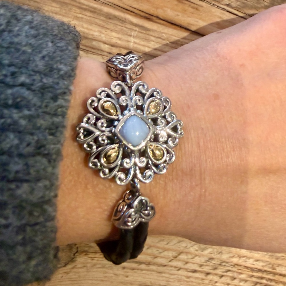 John Hardy Silver Floral Motif Bracelet with Blue Center